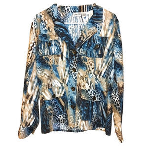 Chico's Size 1 Blazer Animal Print Faux Suede Soft Blue Tan Unique Eccentric Top